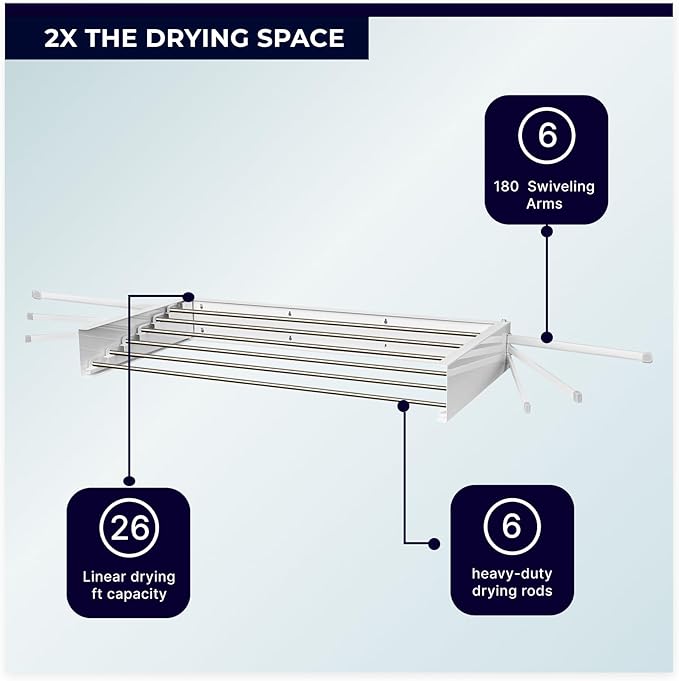 MODERN-X Wall Mounted Clothes Drying Rack with 6 Swivel arms, 35โWide, 26 Linear ft of Laundry Drying Rack Space, 6 Collapsible Aluminum rods, 2X Drying Capacity, Space Organizer Holds up to 60lbs