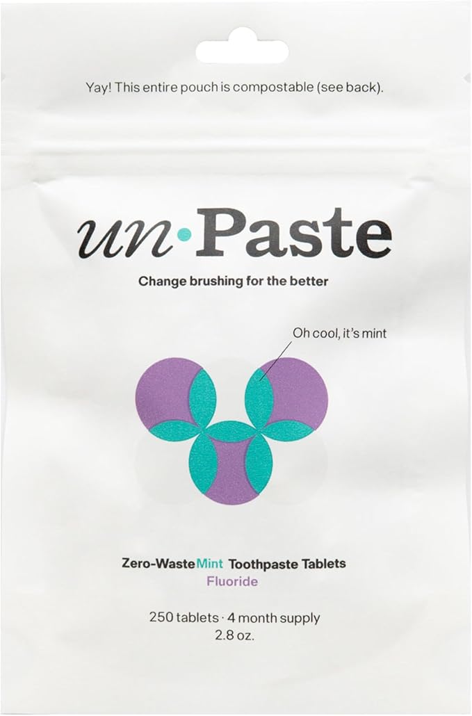 New Formula, Unpaste Toothpaste Tablets, Fluoride Mint, Xylitol Free, Vegan, Plastic Free, Travel-Friendly, Resealable Packet, 250ct, 4 Month Supply