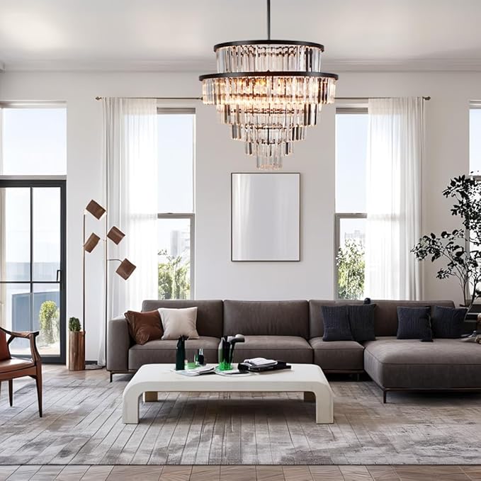 Luxury 6-Tier Round K9 Crystal Chandelier, Black Finish 26 Inch Diam Ceiling Light, Classic Elegant Chandelier with Crystal Piece, Lighting Fixture for Hallway, Bedroom, Living Room