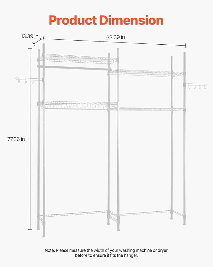 VEVOR Over The Washer and Dryer Storage Shelf, 4 Tier Laundry Room Drying Rack with Hanger Rod and Hooks, Adjustable Over Washer and Dryer Shelves, Laundry Room Shelf Storage Space Saver, White