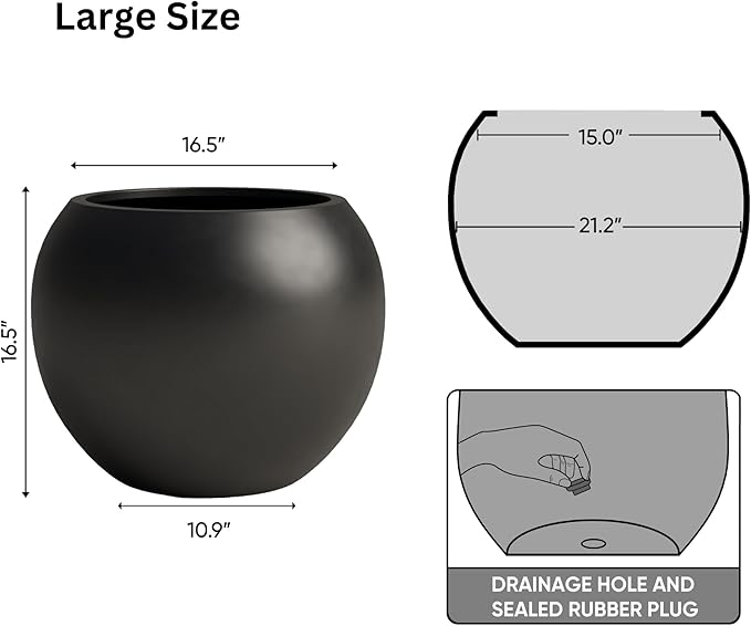 DTY Signature Mount Sherman Lightweight Durable Modern Fiberstone Sphere Planter for Indoor & Outdoor Drainage Hole & Rubber Plug Weather Resistant, 17" H x 21" Dia 14.4" Pot Opening - Large, Black