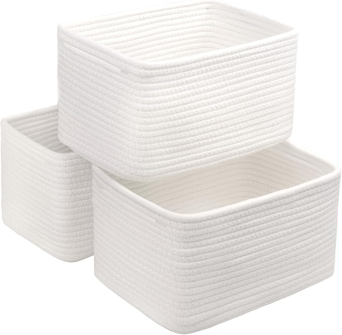 Small Cotton Rope Storage Basket Set of 3-11"x7"x7" Perfect Woven Baskets for Storage, Ideal Storage Baskets for Organizing Toys, Towels, and More - Baskets for Shelves and Home Decor(White)