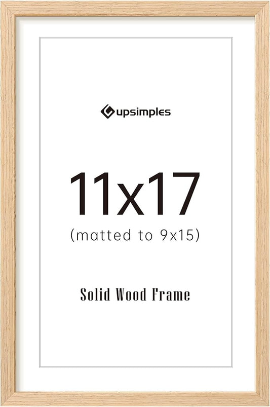 upsimples 11x17 Picture Frame, Natural Solid Wood Picture Frames, Display 9x15 with Mat or 11 x 17 Without, Vertical or Horizontal Wall Hanging, 1 Pack, Natural