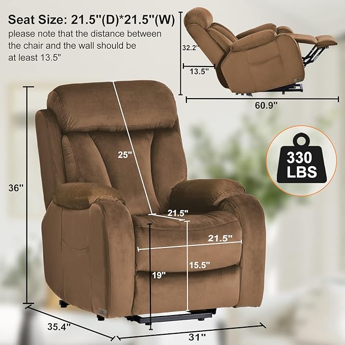 Power Lift Chair Recliners for Elderly, Modern Adult Power Lift Recliner, Velvet Upholstery Electric Lift Chair Recliner with Side Pocket for Living Room (Brown)