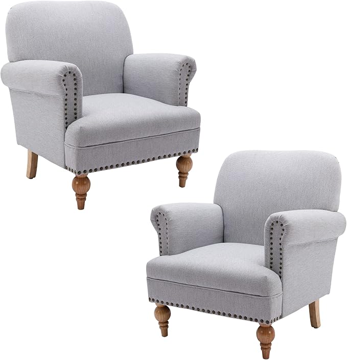 chairus Linen Accent Chair for Living Room Set of 2 Upholstered Mid Century Modern Single Sofa Chair with Solid Wood Legs Comfy Reading Chair Armchair for Bedroom/Office Room/Recption/Lounge, Grey