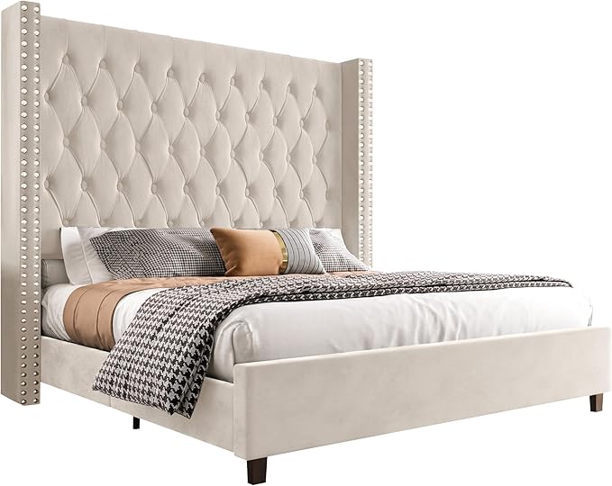 PaPaJet Queen Size Bed Frame with 61.4" Tall Headboard, Velvet Modern Upholstered Tufted Bed for Adults, Handmade Deep Button Tufting, Solid Wood Legs, No Box Spring Required, Cream