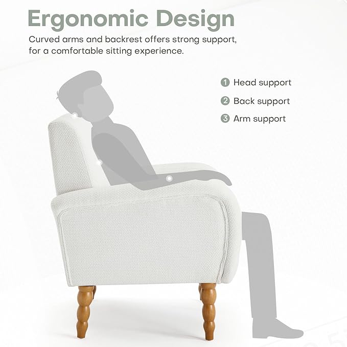 Chenille Fabric Accent Chairs Set of 2, Upholstered Armchair with Solid Wood Legs, Modern Living Room Accent Chair, Comfy Single Sofa Reading Club Chair for Bedroom Reception Lounge, White