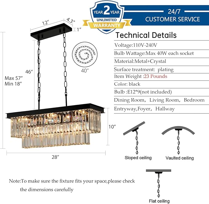Black Crystal Chandeliers for Dining Room Light Fixtures Over Table,9-Lights Modern Rectangle Chandeliers for Kitchen Island Bar L28 Inch