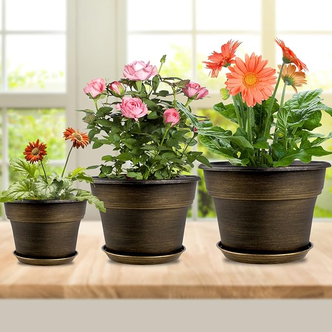 Plant Planters Pots Set of 4 Pack 13 Inch,Large Plastic Flower Pot for Indoor Plants with Drainage Holes & Trays, Resin Decorative Container Sets with Saucer for House Outdoor Garden Plant Dark Gold