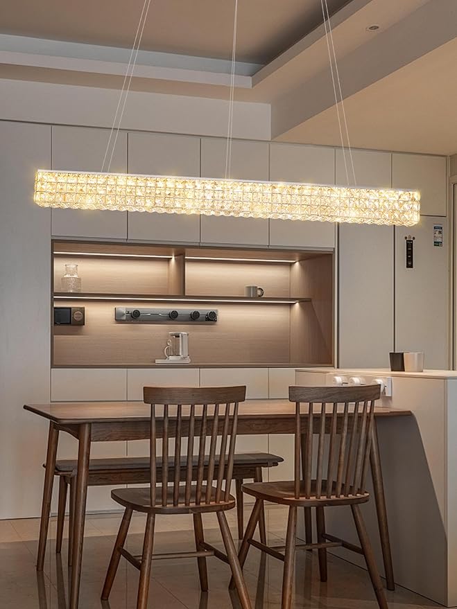 W48 Modern Rectangular Crystal Chandeliers Dining Room Chandelier,Silver Pendant Light Fixture with Remote Control for Living Room Kitchen Island