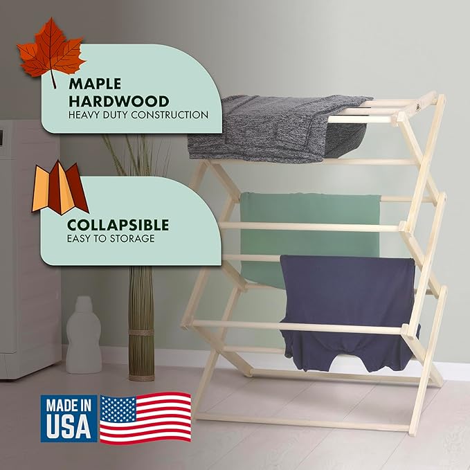 Pennsylvania Woodworks Premium American Maple Clothes Drying Rack - Handcrafted in Pennsylvania - Solid Wood Construction, Collapsible, Eco-Friendly Laundry Solution (Medium)