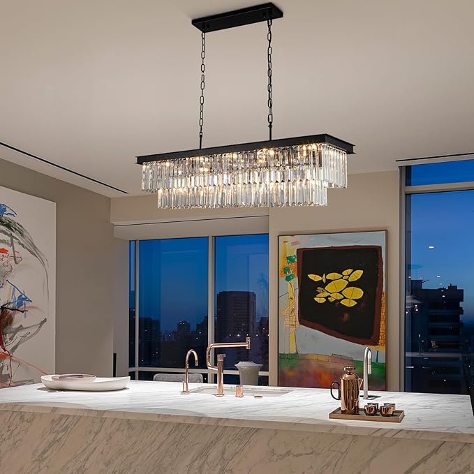 Crystal Chandeliers for Dining Room Light Fixtures Over Table,15-Lights Black Modern Rectangle Chandeliers for Kitchen Island Bar L40 Inch