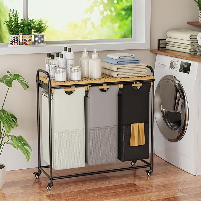 Laundry Hampers 3 Section, Laundry Sorter with Removable Shelf and Pull-Out Bags, Clothes Hampers with Wheels Rolling Cart Basket for Laundry Room Bathroom, 3 x 40 L (Black White Gray)