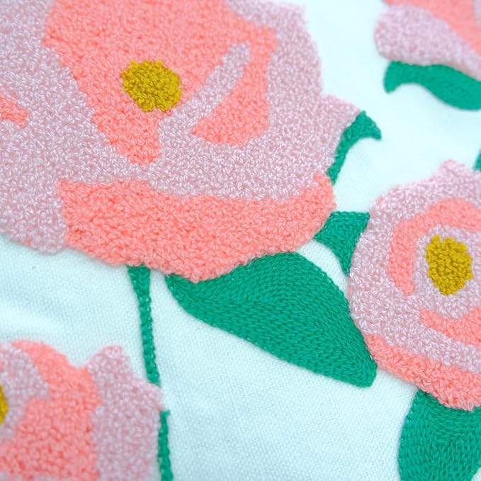 Embroidered Decorative Throw Pillow Cover, 18"x18" Set of 2, Farmhouse Pillowcase Pink Rose Knit Pattern Cotton Canvas Cushion Case Square Floral Pillow Case for Sofa Couch Bed Living Room…