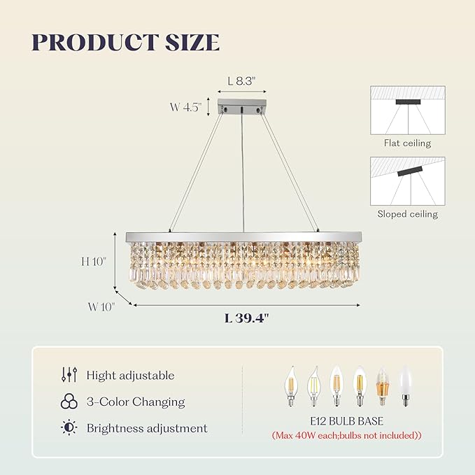 Modern Rectangular Crystal Chandeliers,8 Lights Rectangular Pendant Light Fixture,Adjustable Height K9 Crystal Chandelier for Dining Room L40''xW10''xH10''