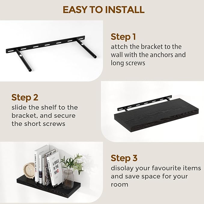 Fun Memories Black Floating Shelves 36 Inch Long, 9 Inch Deep Wall Shelves Set of 2, 36 x 9 Floating Shelf for Wall, Rustic Wood Floating Shelves for Kitchen, Living Room, Bedroom