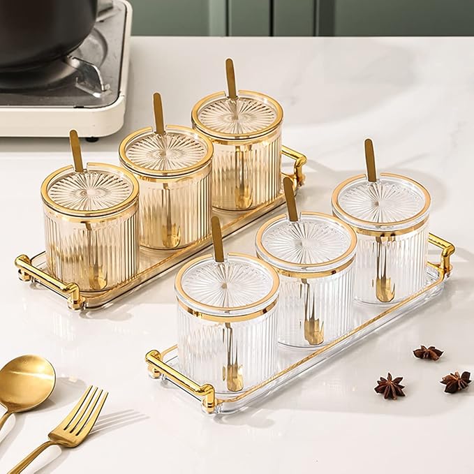 Acrylic Condiment Spice Jars,Condiment Spice Box With Lids and Spoons and Tray,Clear Plastic Sugar Salt Canisters,Seasoning Box 3 Pack,Seasoning Box Set for Kitchen to Storage Salt,Paprika,Sugar