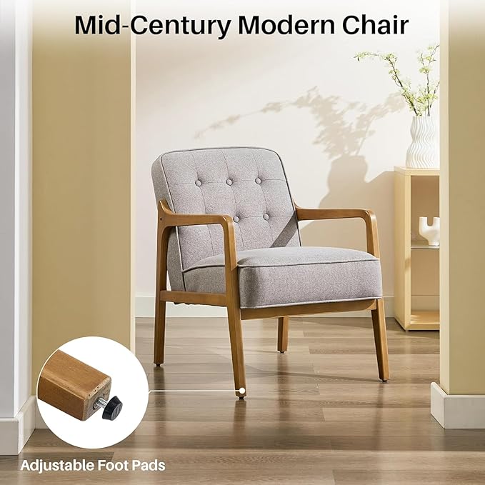 Linen Accent Chair Set of 2, Mid Century Modern Chair for Living Room, Upholstered Comfy Lounge Armchair with Solid Wood Frame, Reading Side Chair for Bedroom,105°Ergonomic Comfort, Grey