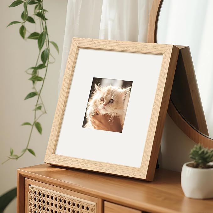 upsimples 8x8 Picture Frames, Natural Solid Wooden Picture Frames, Display 4x4 with Mat or 8 x 8 Without Mat, Wall or Tabletop, 1 Pack, Natural