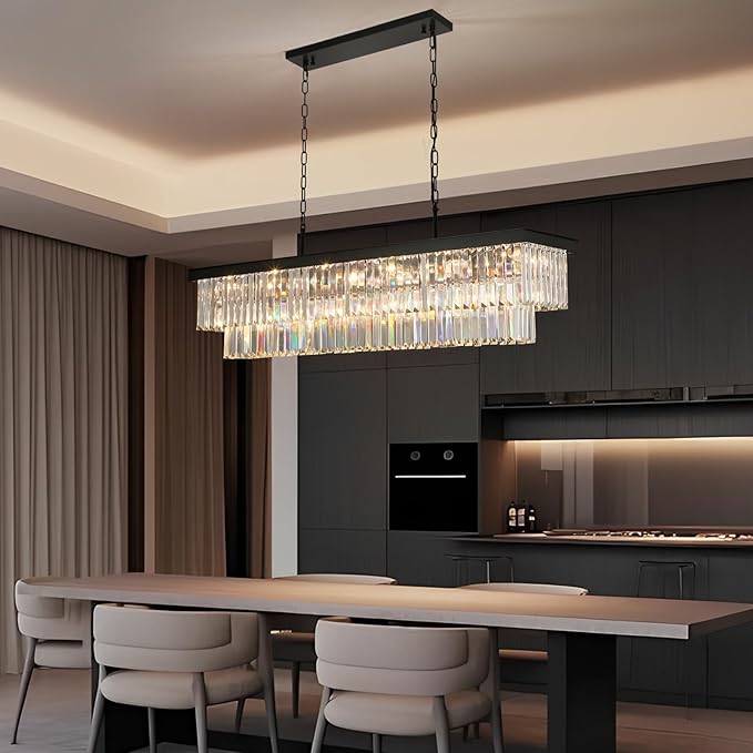 Crystal Chandeliers for Dining Room Light Fixtures Over Table,18-Lights Black Modern Rectangle Chandeliers for Kitchen Island Bar L46 Inch
