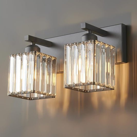 Modern Bathroom Vanity Light 2-Lights Black Crystal Bathroom Wall Light Vanity Light Fixtures,12.59-inch Modern Minimalist Design