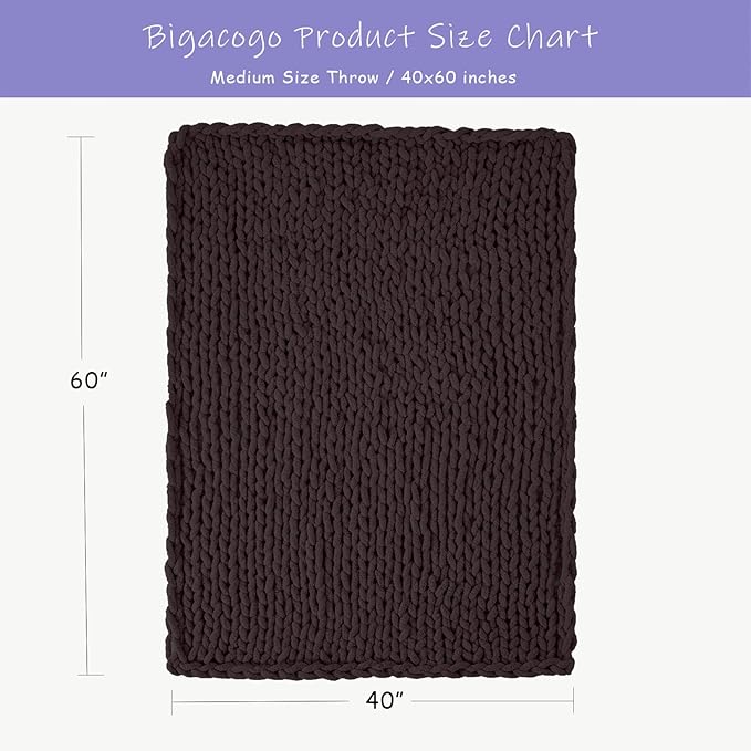Bigacogo Chunky Knit Throw Blanket for Couch, 40x60 inches, 100% Hand Knitted with Thick Jumbo Chenille Yarn, Cozy Soft Large Rope Knot Cable Crochet Blankets for Sofa Bed Living Room, Chocolate