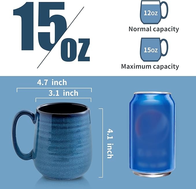 Hasense Coffee Mugs Set of 4, 15 Ounce Porcelain Mug Set with Handle for Morning Coffee Tea and Cocoa, Ceramic Coffee Cups with Beautiful Glaze for Men, Women, Navy