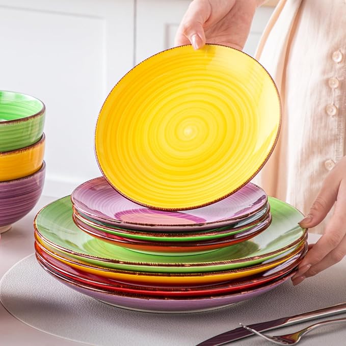 vancasso Bonita Dinnerware Set Muticolor Stoneware 12 Pieces Service for 4, Handpainted Spirals Pattern Stoneware Plates and Bowls Set
