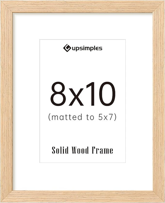 upsimples 8x10 Picture Frame, Natural Solid Wooden Picture Frames, Display 5x7 with Mat or 8 x 10 Without Mat, Wall or Tabletop, 1 Pack, Natural