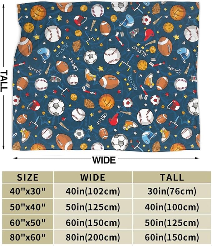 Baseball Football Basketball Sport Theme Throw Blanket 50x40 Inch Soft Fleece Blanket Men Women Gift for Kids Boys Girls for Party Couch Sofa Bed Deco Blankets