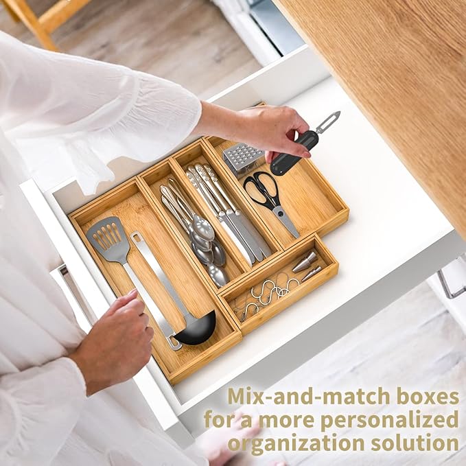 Bamboo Kitchen Drawer Organizer, Stackable Silverware Tray Utensil Organizer Cutlery Holder for Kitchen,Wooden Storage Box for Bathroom, Multi-Use Storage Bins Dividers for Office(12x3x2.5 inch)