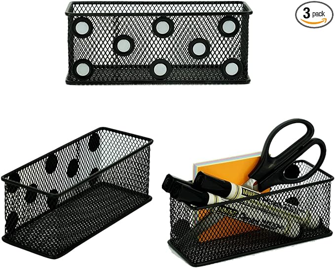 Neudeco Magnetic Locker Organizer and Accessories,Wire Mesh Magnetic Storage Basket ,Magnetic Holder for Dry Erase Markers,Strong Magnet Pen Holder for Fridge School,Pack 3 (Black)
