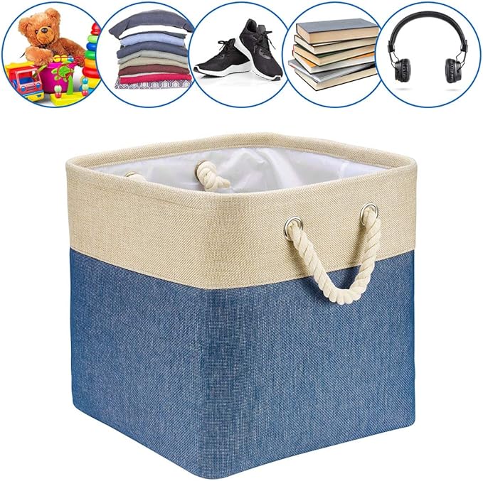 i BKGOO 3Pack Large Foldable Storage Bins,Collapsible Sturdy Cationic Fabric Organizing Storage Basket Cube with Cotton Handles for Home Office Shelf Clothes Toys Khaki-Blue 13×13×13 inch