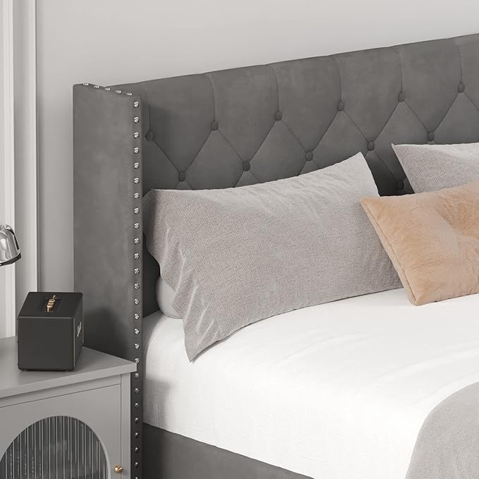 King Size Bed Frame with LED Lights, Upholstered Bed Frame with Wingback Diamond Tufted Headboard, Wood Slats Support, Noise-Free, Easy Assembly, No Box Spring Needed, Grey