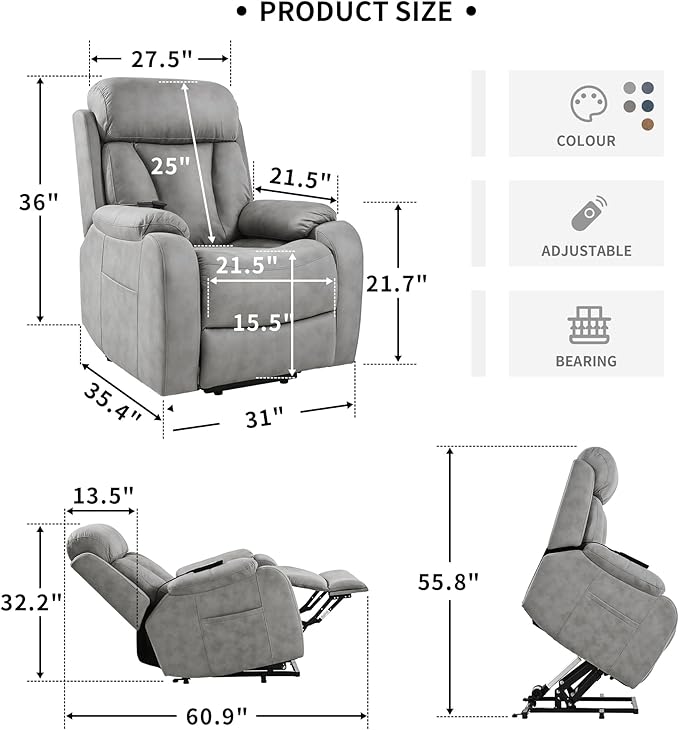 Power Lift Chair Recliners for Elderly, Leathaire Modern Adult Power Lift Chair Overstuffed Electric Lift Recliner Chair with Side Pocket for Living Room Bedroom (Light Gray)