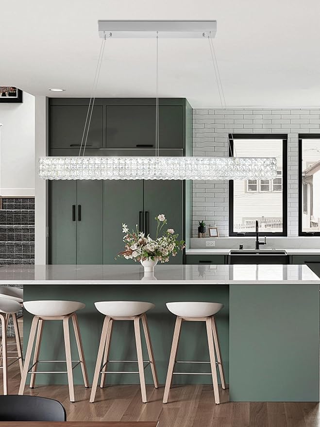 W48 Modern Rectangular Crystal Chandeliers Dining Room Chandelier,Silver Pendant Light Fixture with Remote Control for Living Room Kitchen Island