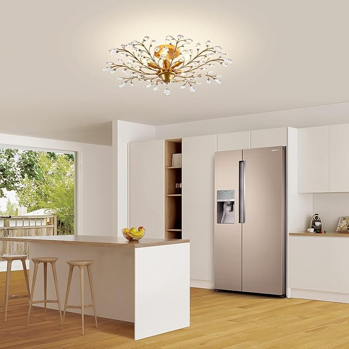 Ganeed Crystal Chandeliers,Vintage K9 Clear LED Ceiling Lighting,Edison Pendant Light Flush Mounted Fixture with 5 Light for Living Room Dinning Room Restaurant Porch Hallway (Gold)