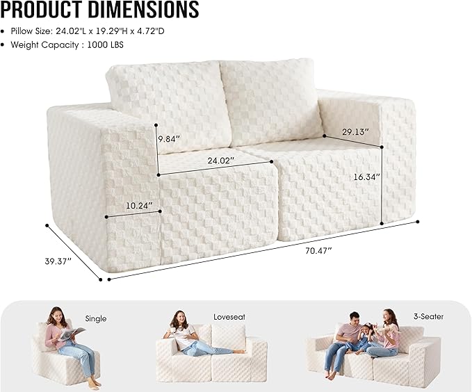 Modular Sectional Sofa 2 Seater Loveseat Modular Couch with Deep Seat Memory Foam Cloud Chair with Pillows Oversized Sectional Sofa for Living Room Bedroom (Plush White, Loveseat)