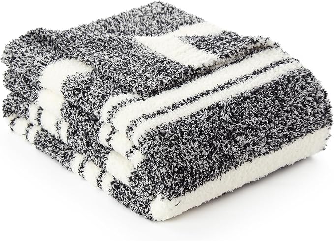Snuggle Sac Stripe Black Throw Blanket for Couch, Reversible Super Soft Warm Blankets Cozy Knit Fuzzy Plush Lightweight Throws for Sofa, Bed, Stripe Black, 50x60 inches