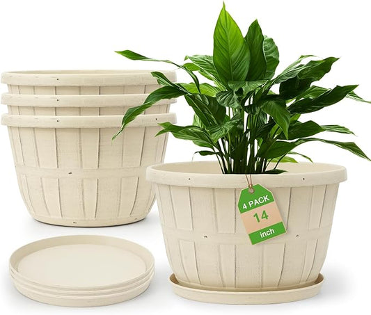 Quarut 14 Inch Plastic-Flower-Pot-for-Indoor-Plants, 4 Pack Large Outdoor Planter Pot with Drainage Holes & Saucers, Resin Decorative Garden Pots Planters(White)