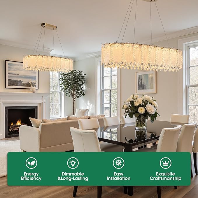 Gold Rectangle Modern Chandeliers for Dining Room Light Fixture, Water Ripple Crystal Glass LED Chandelier for Kitchen Island Bar Living Room, 2700K-6000K