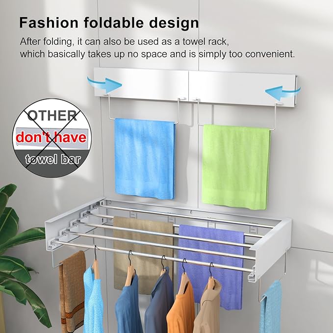 Wall Mounted Drying Rack, Foldable Laundry Rack, Collapsible Drying Rack, 5 Stainless Rods, Wall Mounted Clothing Rod with 2 Towel Bar, 90 lb Capacity, 31.5" White