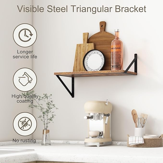 Fun Memories 20 Inch Floating Shelves, Deep Wall Shelves for Kitchen, 20 x 10 Floating Shelf for Living Room, Bedroom, Farmhouse Floating Shelves for Home Decor Storage, Rustic Brown, Set of 2