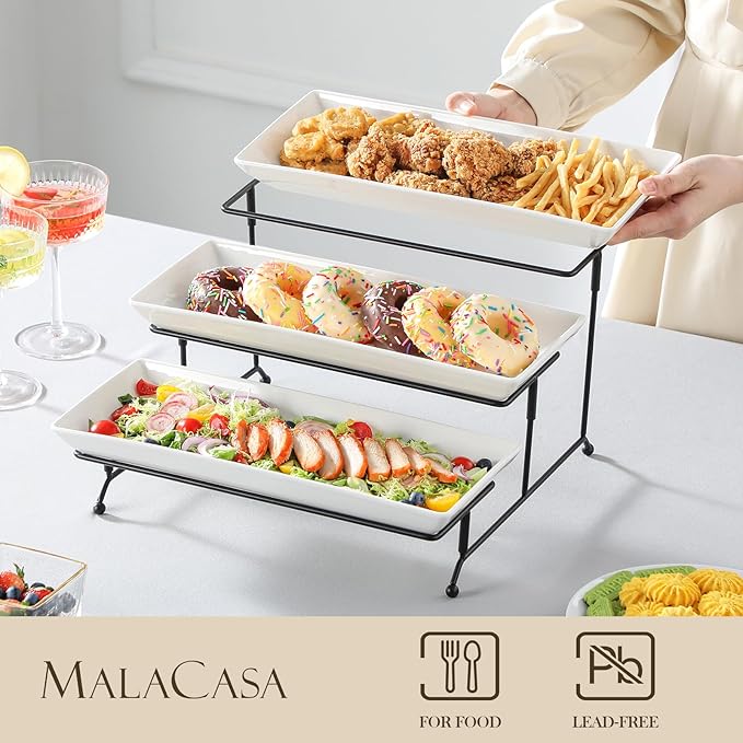 MALACASA 3 Tier Serving Tray, Porcelain Tiered Cupcake Stand, Ceramic Elevated Serving Platter with Collapsible Sturdier Rack,Series PLAT (White, 14 Inch)