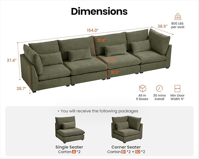 Oversized Modular Sofa, Extra Deep Cloud Chenille Sectional Couch with Ottoman Chaise, Fluffy Chenille 4 Seater Sofa for Living Room, Villa (Basic 4 Seater, Chenille Green)