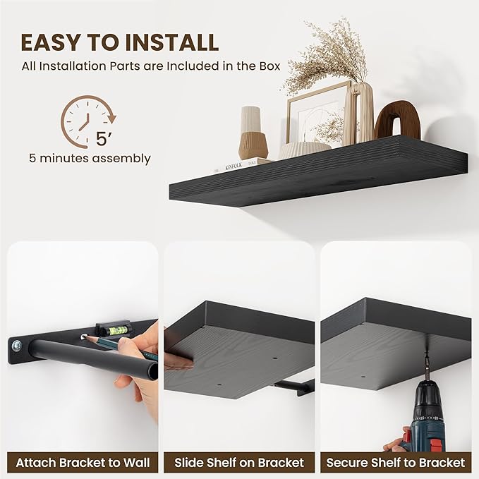 Fun Memories 24 Inch Floating Shelves Wall Mounted, 10 Inch Deep Wall Shelves, 24 x 10 Floating Shelf for Living Room Bathroom Bedroom, Black, Set of 2