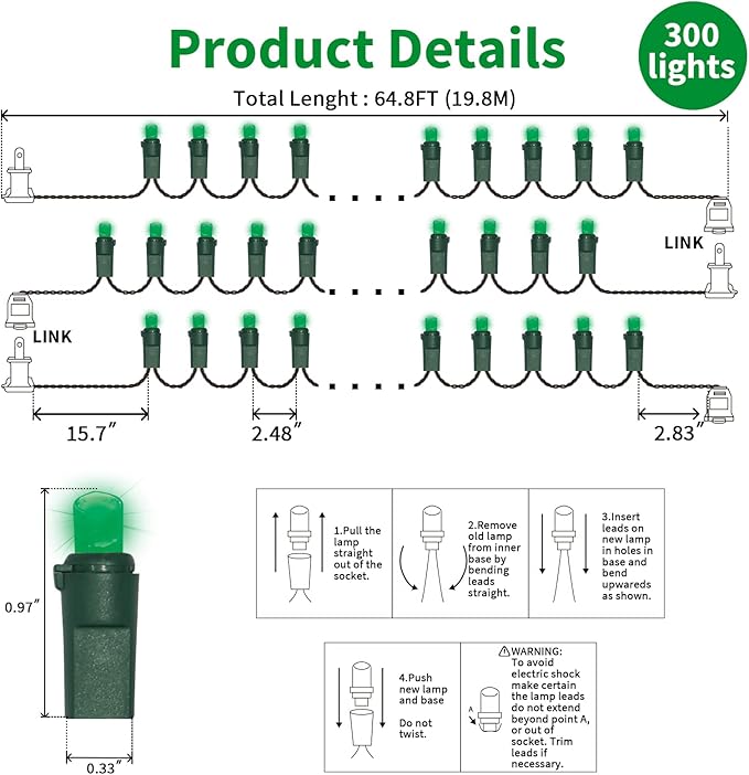Green Wide Angle LED Christmas Lights, 64.8 Ft 300 Count, Pack of 3 Strands 21.9 Ft 100 Lights UL Certified Commercial Grade Green Wire 5mm Holiday String Light