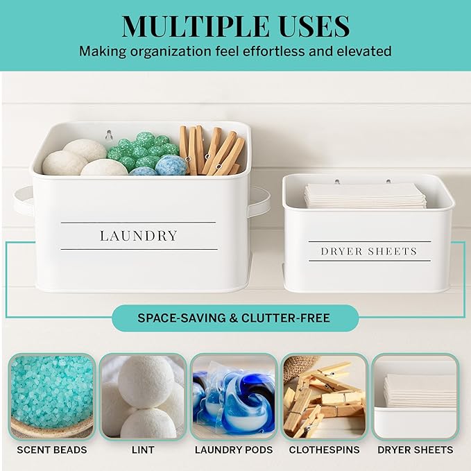 Metal Dryer Sheet Holder with Lid – Set of 2 Storage Bins for Laundry Room Organization & Home Decor – Classic White Metal Organizers and Containers with Lids - Sheet Organizers and Storage