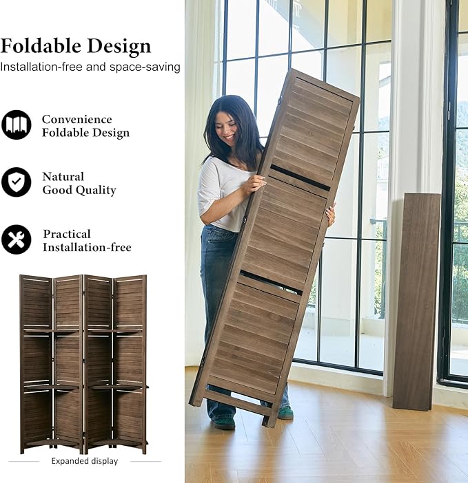 Partition Room Dividers, 67 * 51inch Folding Wood Privacy Screen with Three Display Shelves Suitable for Home Office, Study, Art Display - 4 Panel (Brown)