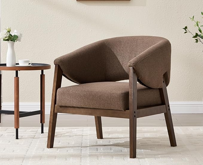 Mid-Century Modern Accent Chairs Set of 2, Comfy Barrel Armchairs with Wide Seat, Upholstered Lounge Chairs with Walnut Wood Legs for Living Room/Bedroom/Reading Corner, Linen Fabric, Brown